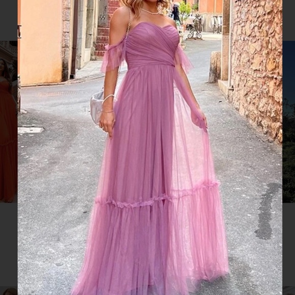 Luxe Mesh Off Shoulder Bridal Prom Formal Maxi Dress - Picture 11 of 11